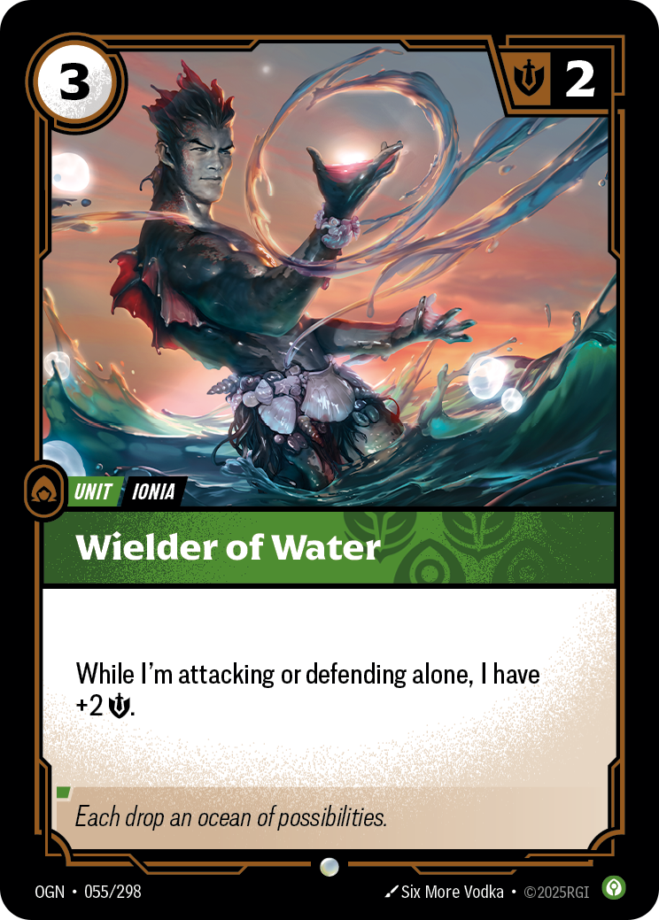Riftbound Unit: Wielder of Water. While I'm attacking or defending alone, I have +2 [S].