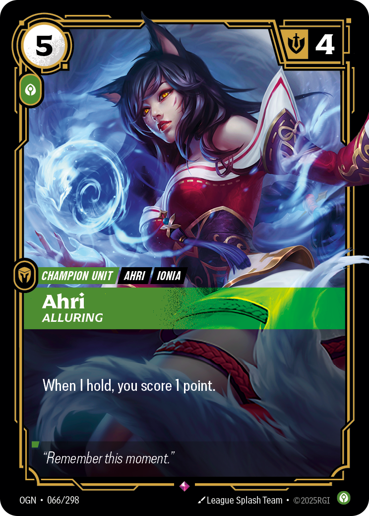 Riftbound Unit: Ahri, Alluring. When I hold, you score 1 point.