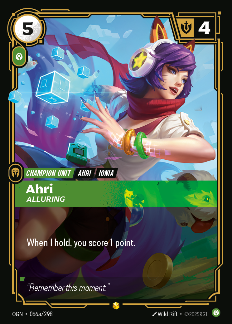 Riftbound Unit: Ahri, Alluring. When I hold, you score 1 point.