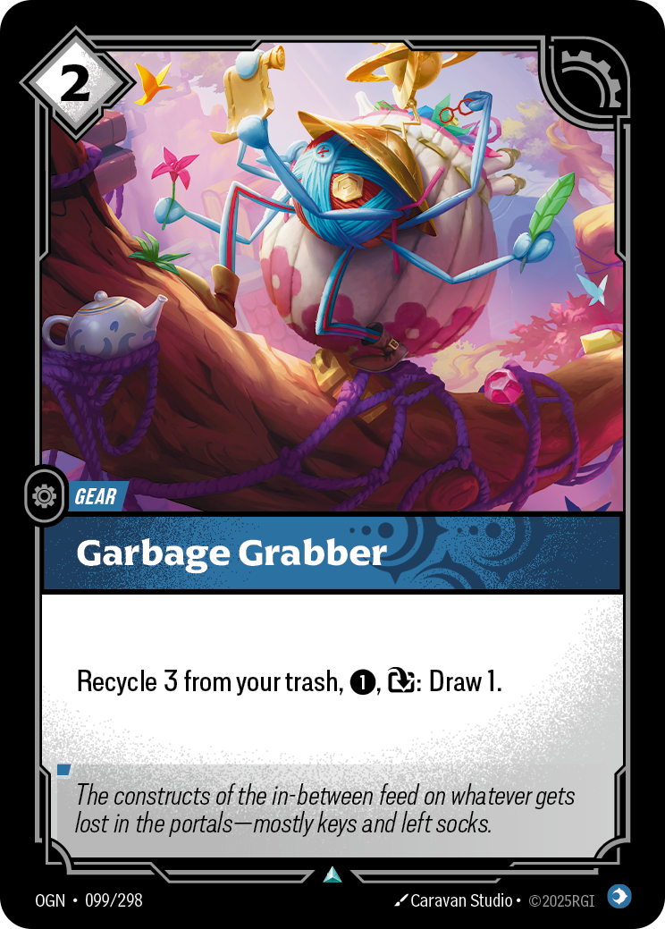 Riftbound Gear: Garbage Grabber. Recycle 3 from your trash, [1], [T]: Draw 1.