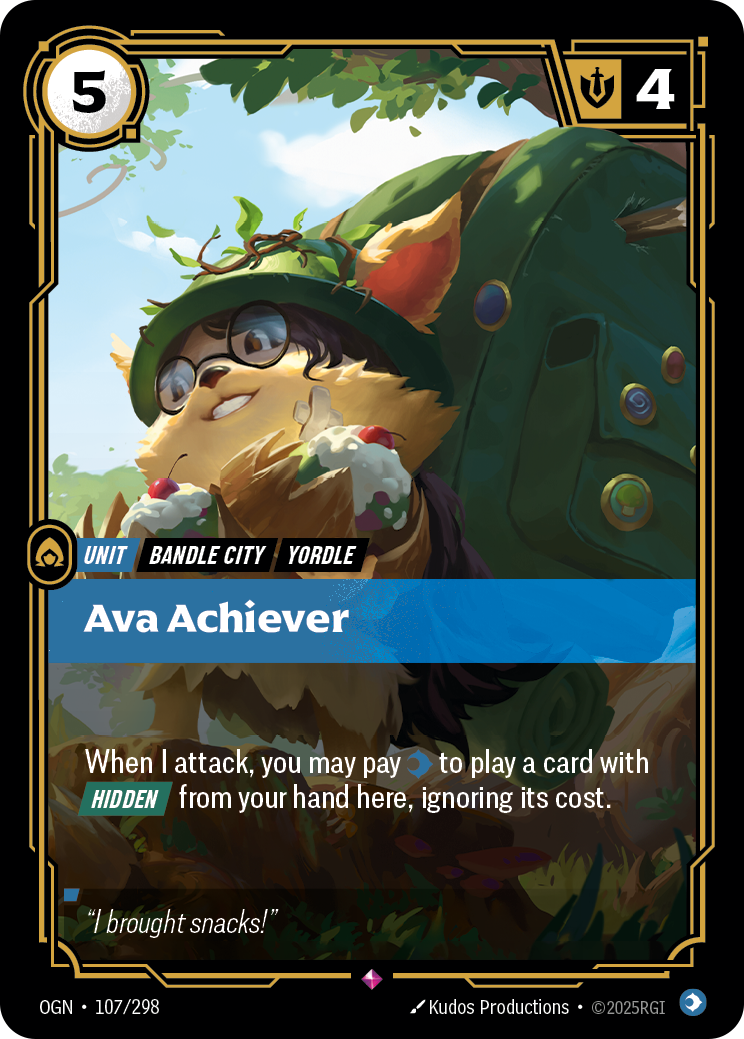 Riftbound Unit: Ava Achiever. When I attack, you may pay [C] to play a card with [Hidden] from your hand here, ignoring its cost.