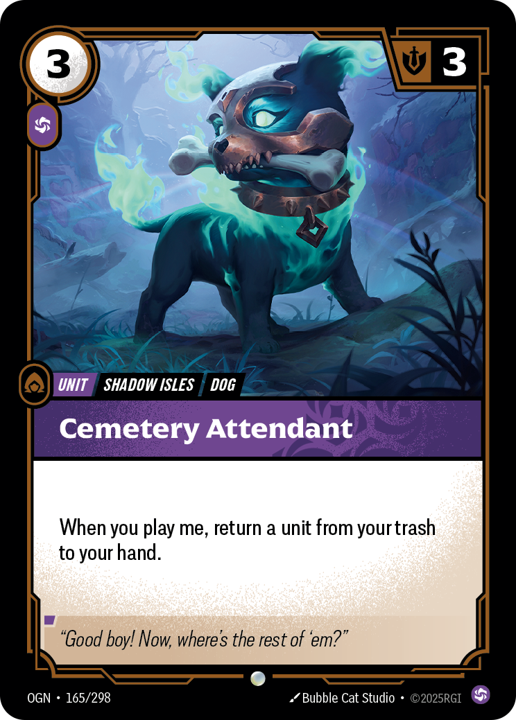 Riftbound Unit: Cemetery Attendant. When you play me, return a unit from your trash to your hand.