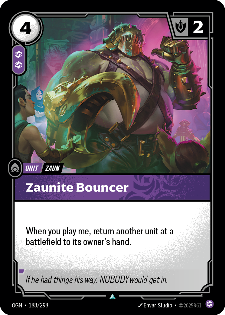 Riftbound Unit: Zaunite Bouncer. When you play me, return another unit at a battlefield to its owner's hand.