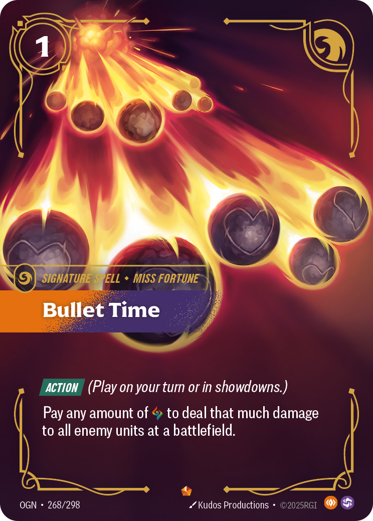Riftbound Spell: Bullet Time. [Action] (Play on your turn or in showdowns.)
Pay any amount of [C] to deal that much damage to all enemy units at a battlefield.