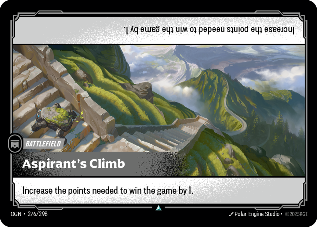 Riftbound Battlefield: Aspirant's Climb. Increase the points needed to win the game by 1.
