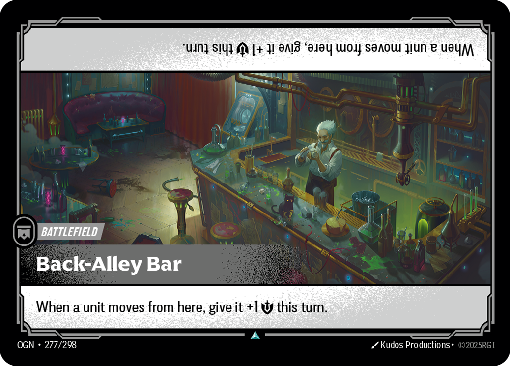 Riftbound Battlefield: Back-Alley Bar. When a unit moves from here, give it +1 [S] this turn.