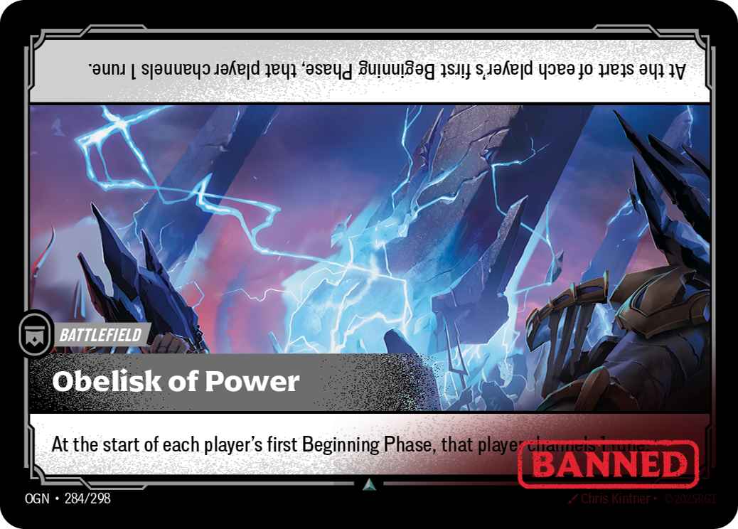Riftbound Battlefield: Obelisk of Power. At the start of each player's first Beginning Phase, that player channels 1 rune.
