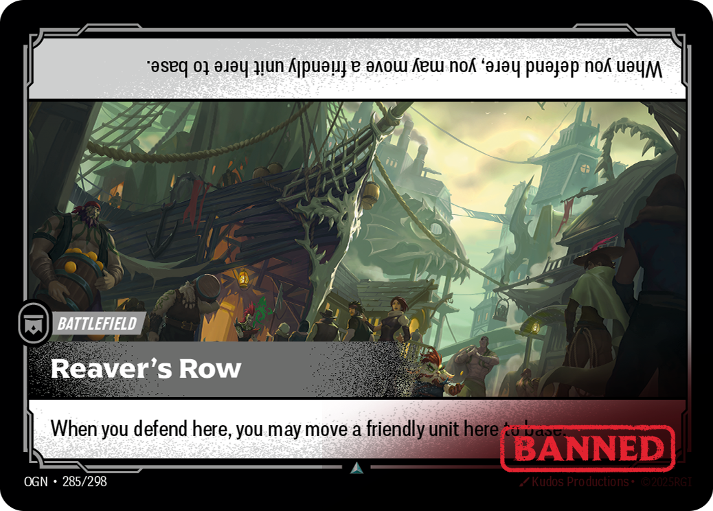 Riftbound Battlefield: Reaver's Row. When you defend here, you may move a friendly unit here to base.