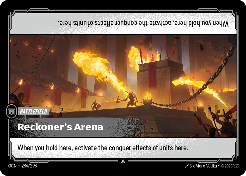 Riftbound Battlefield: Reckoner's Arena. When you hold here, activate the conquer effects of units here.
