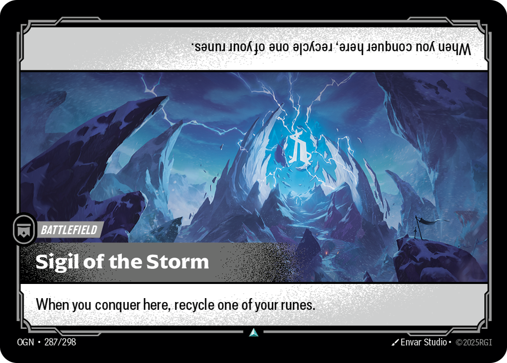 Riftbound Battlefield: Sigil of the Storm. When you conquer here, recycle one of your runes.