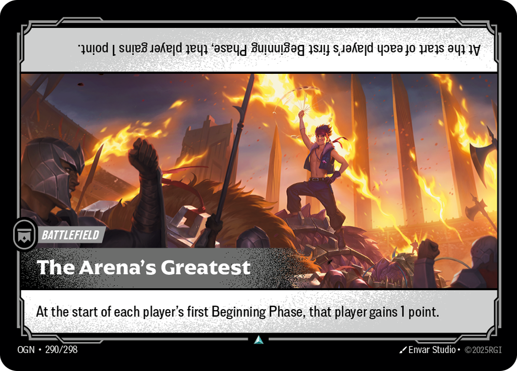 Riftbound Battlefield: The Arena's Greatest. At the start of each player's first Beginning Phase, that player gains 1 point.