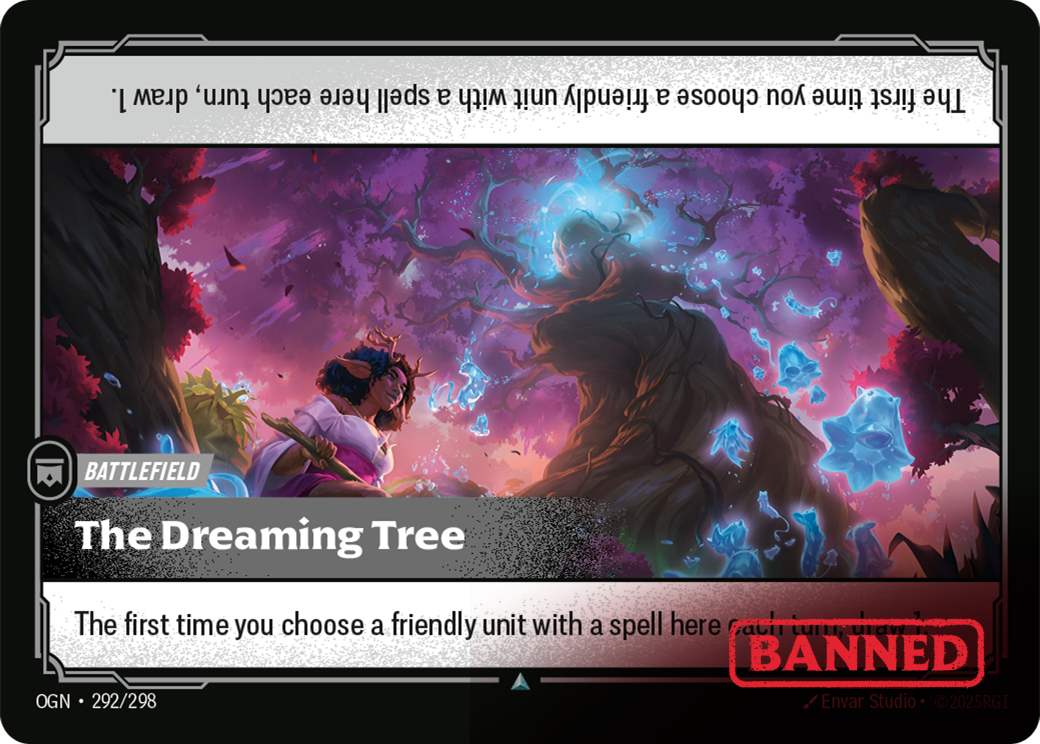 Riftbound Battlefield: The Dreaming Tree. When a player chooses a friendly unit here with a spell for the first time each turn, they draw 1.