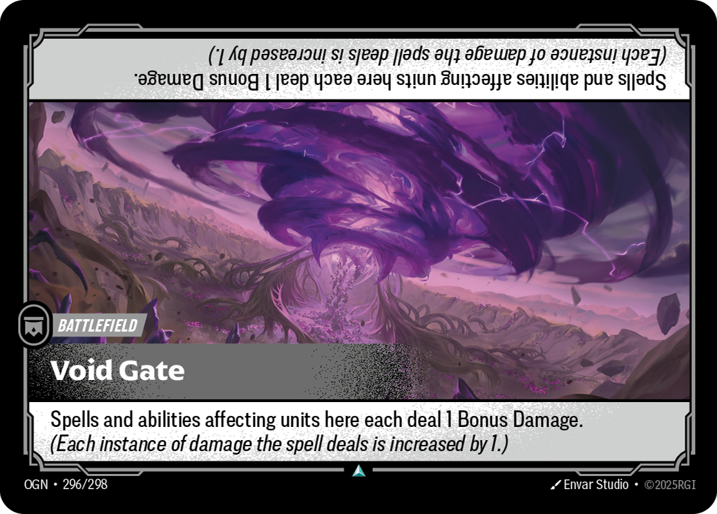 Riftbound Battlefield: Void Gate. Spells and abilities affecting units here each deal 1 Bonus Damage. (Each instance of damage the spell deals is increased by 1.)