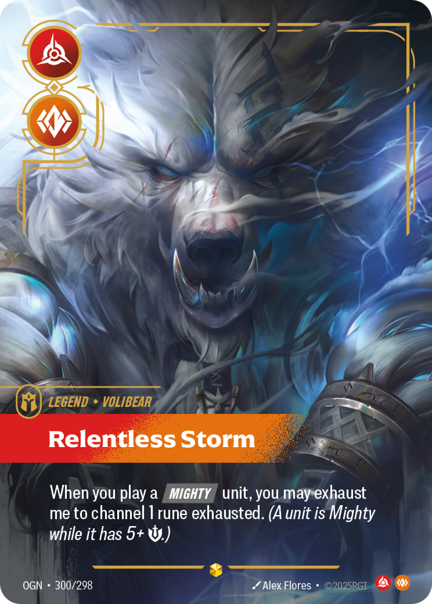 Riftbound Legend: Relentless Storm. When you play a [Mighty] unit, you may exhaust me to channel 1 rune exhausted. (A unit is Mighty while it has 5+ [S].)