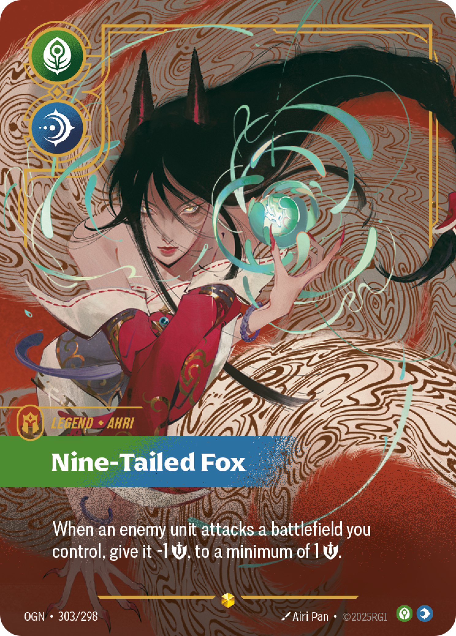 Riftbound Legend: Nine-Tailed Fox. When an enemy unit attacks a battlefield you control, give it -1 [S] this turn, to a minimum of 1 [S].