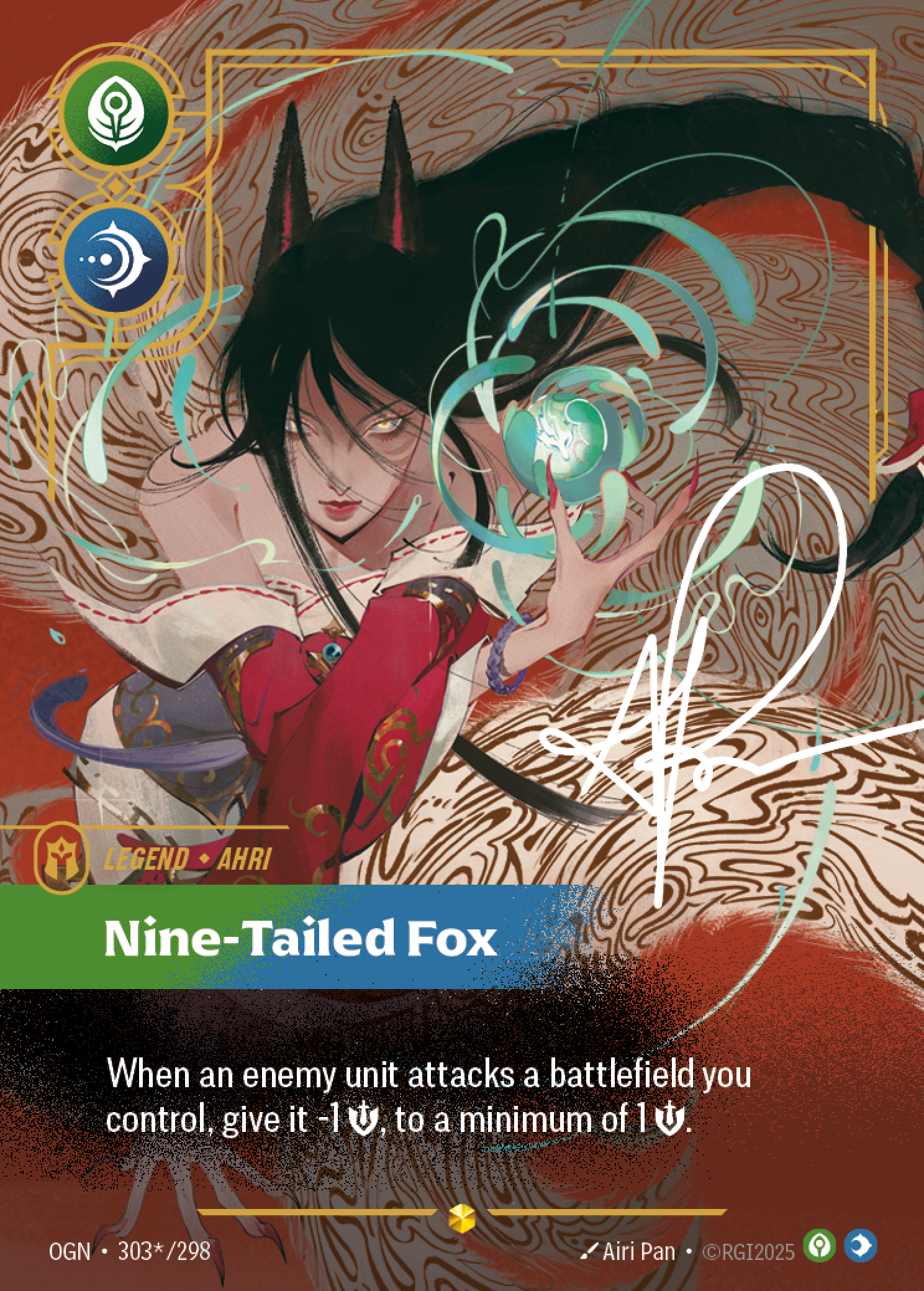 Riftbound Legend: Nine-Tailed Fox. When an enemy unit attacks a battlefield you control, give it -1 [S] this turn, to a minimum of 1 [S].