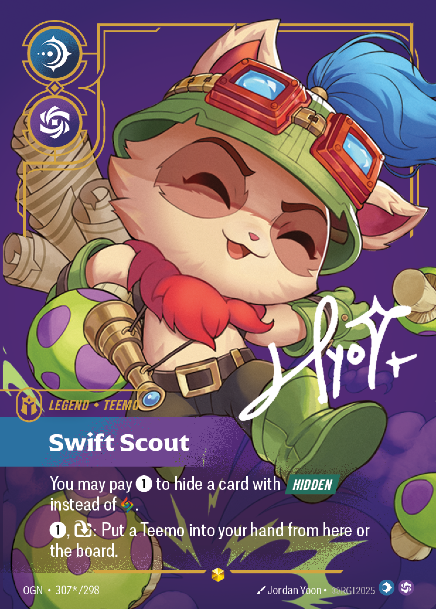 Riftbound Legend: Swift Scout. You may pay [1] to hide a card with [Hidden] instead of [C].
[1], [T]: Put a Teemo unit you own into your hand from your Champion Zone or the board.