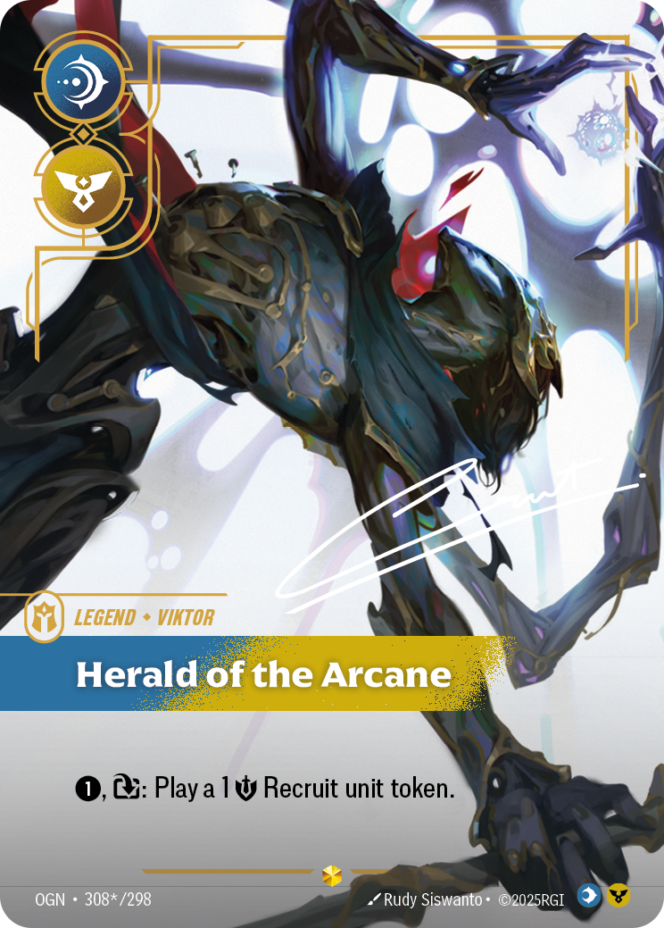 Riftbound Legend: Herald of the Arcane. [1], [T]: Play a 1 [S] Recruit unit token.