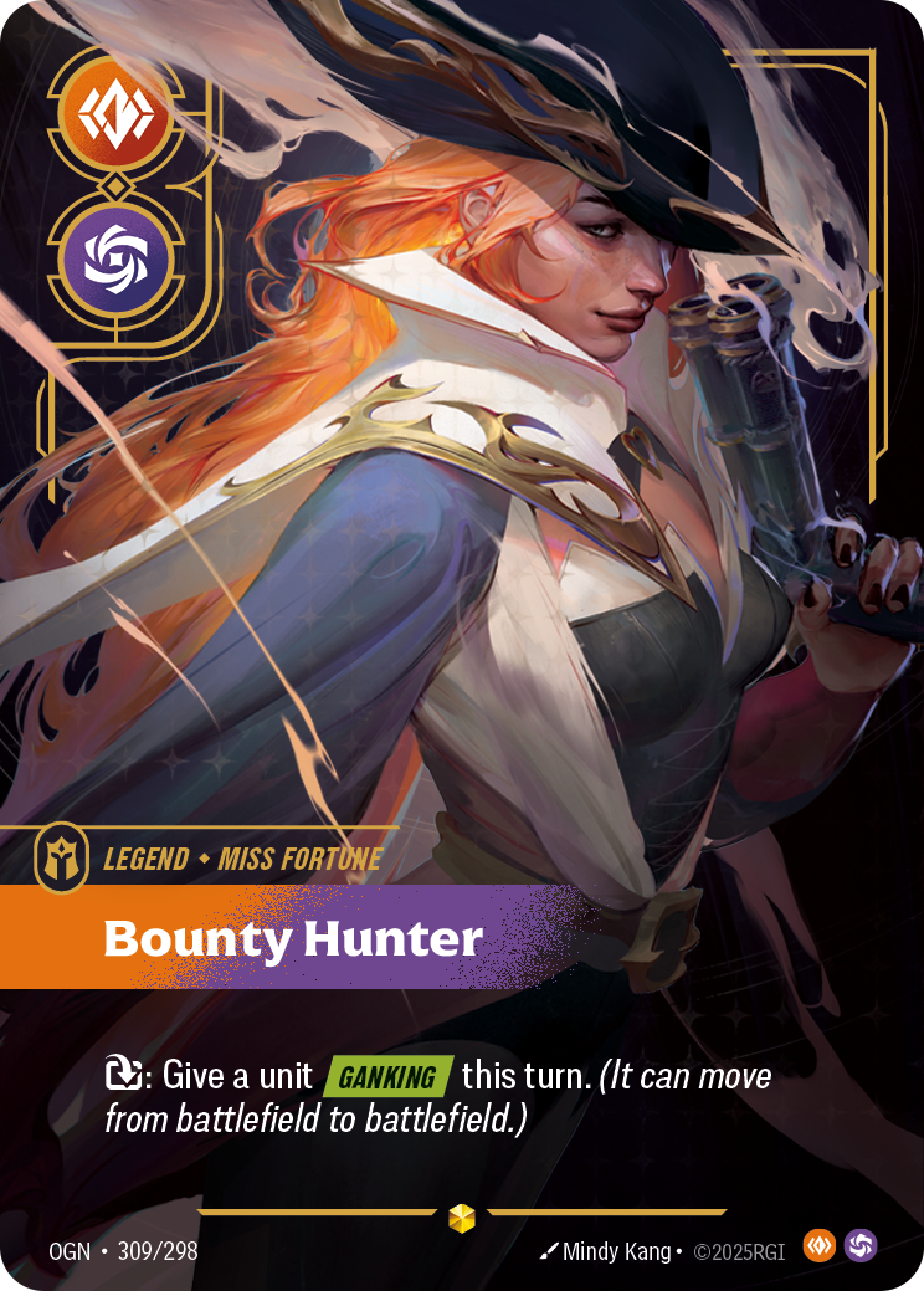 Riftbound Legend: Bounty Hunter. [T]: Give a unit [Ganking] this turn. (It can move from battlefield to battlefield.)