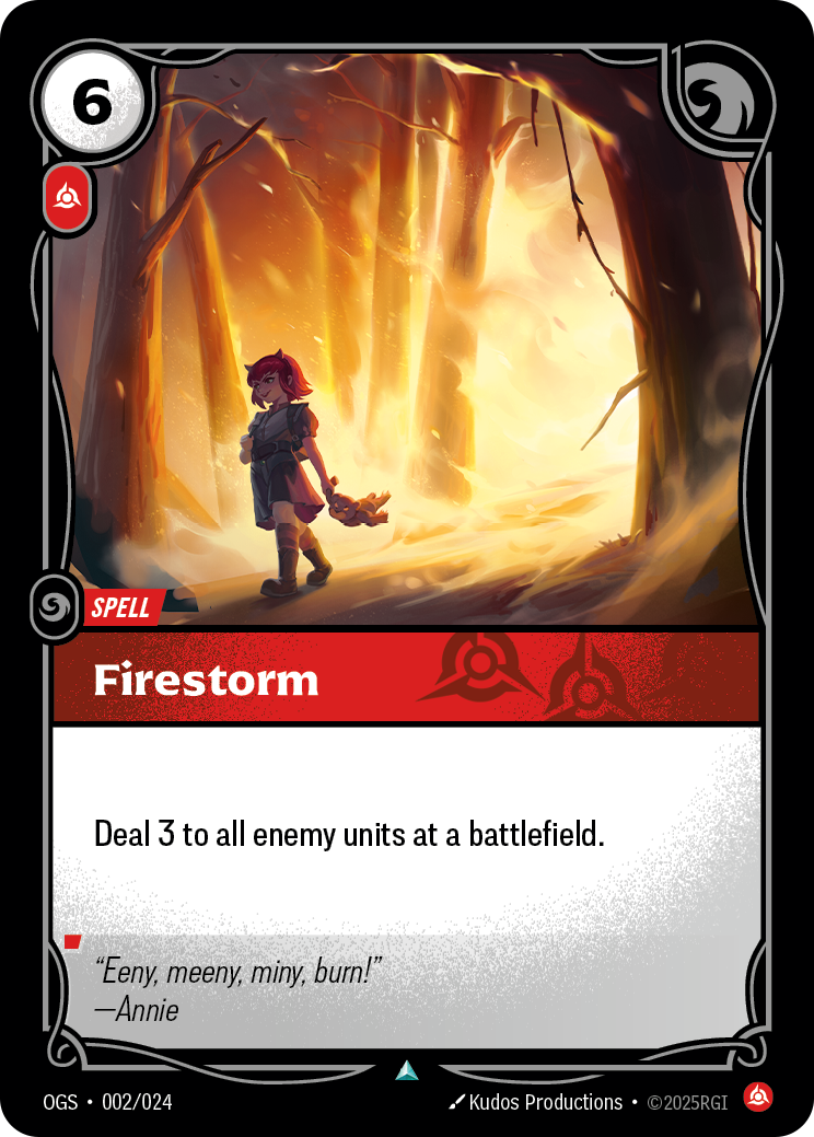 Riftbound Spell: Firestorm. Deal 3 to all enemy units at a battlefield.