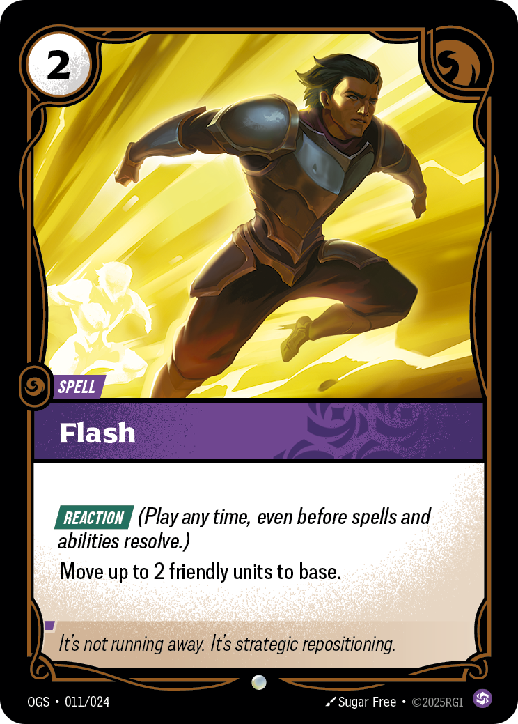 Riftbound Spell: Flash. [Reaction] (Play any time, even before spells and abilities resolve.)
Move up to 2 friendly units to base.