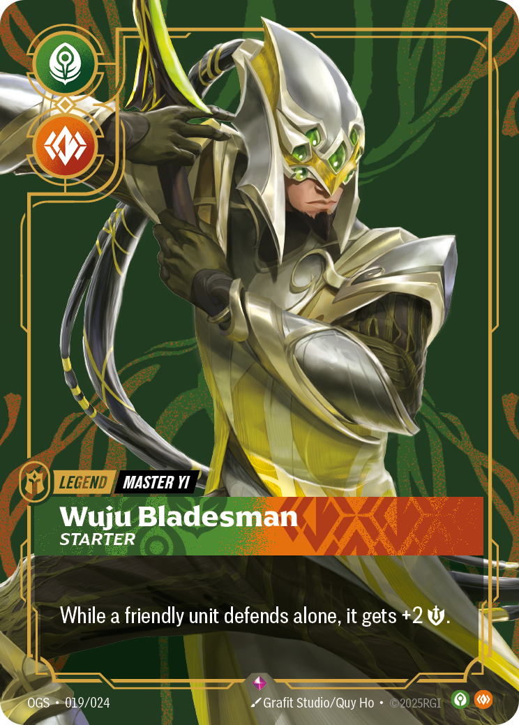 Riftbound Legend: Wuju Bladesman - Starter. While a friendly unit defends alone, it gets +2 [S].