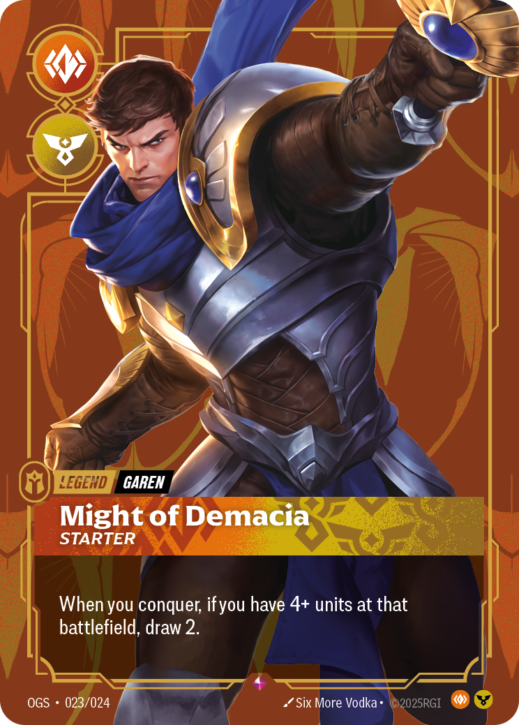 Riftbound Legend: Might of Demacia - Starter. When you conquer, if you have 4+ units at that battlefield, draw 2.