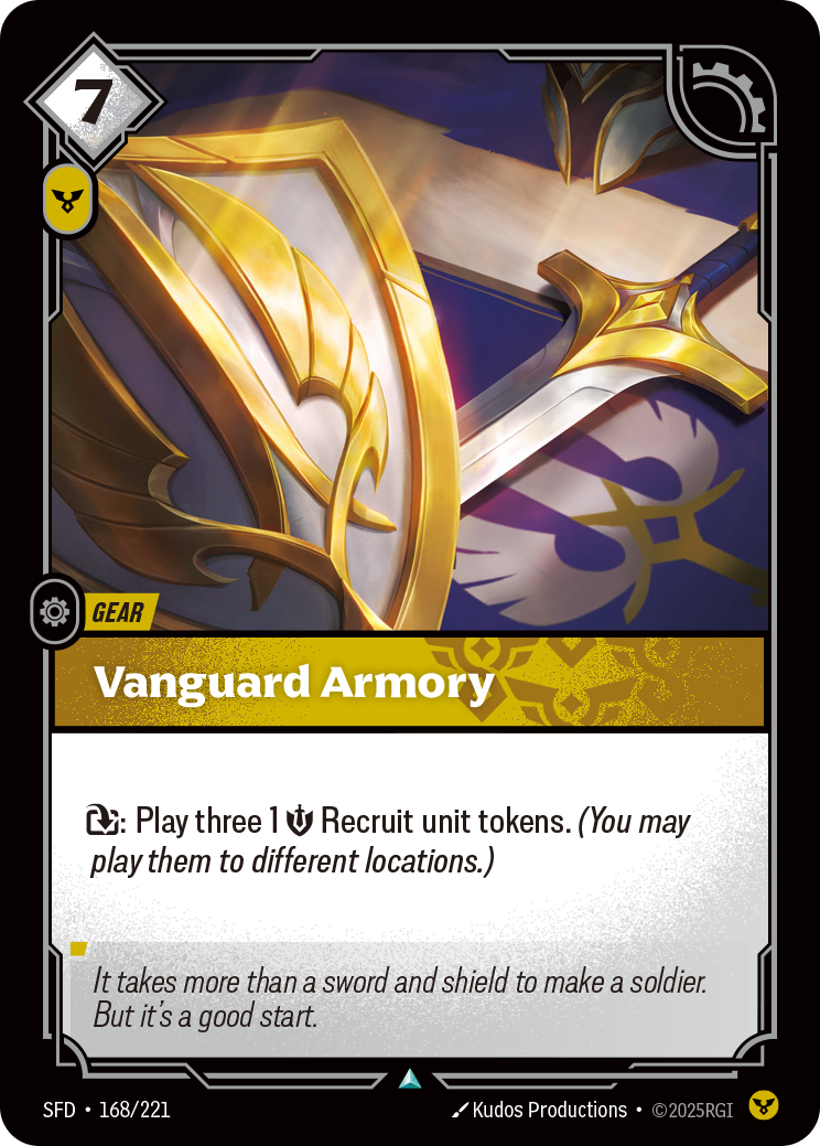 Riftbound Gear: Vanguard Armory. [T]: Play three 1 [S] Recruit unit tokens. (You may play them to different locations.)