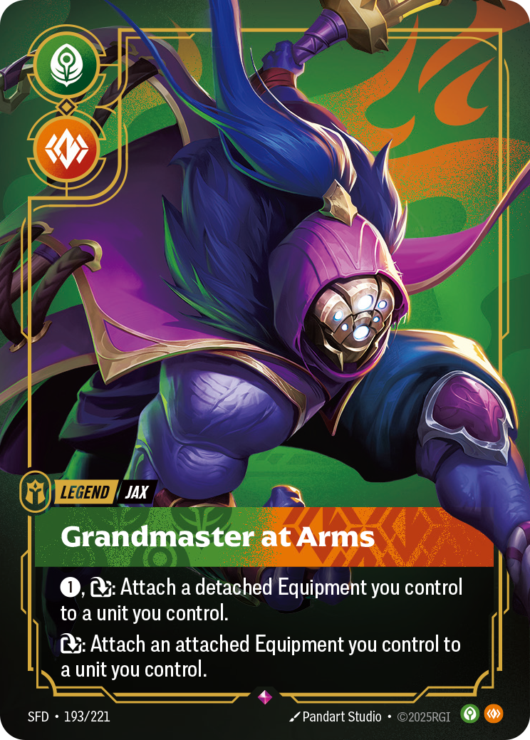 Riftbound Legend: Grandmaster at Arms. [1], [T]: Attach a detached Equipment you control to a unit you control.
[T]: Attach an attached Equipment you control to a unit you control.