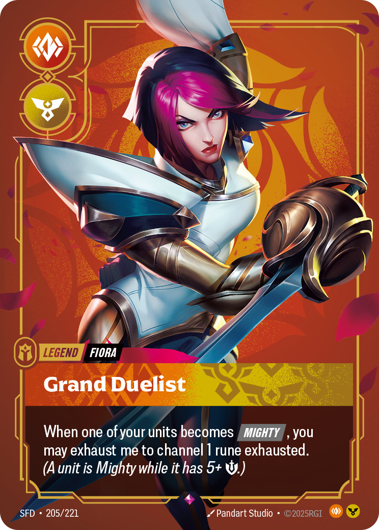 Riftbound Legend: Grand Duelist. When one of your units becomes [Mighty], you may exhaust me to channel 1 rune exhausted. (A unit is Mighty while it has 5+ [S].)