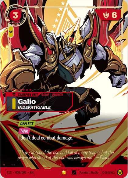 Riftbound Unit: Galio, Indefatigable. [Deflect] (Opponents must pay [A] to choose me with a spell or ability.)
[Tank] (I must be assigned combat damage first.)
I don't deal combat damage.