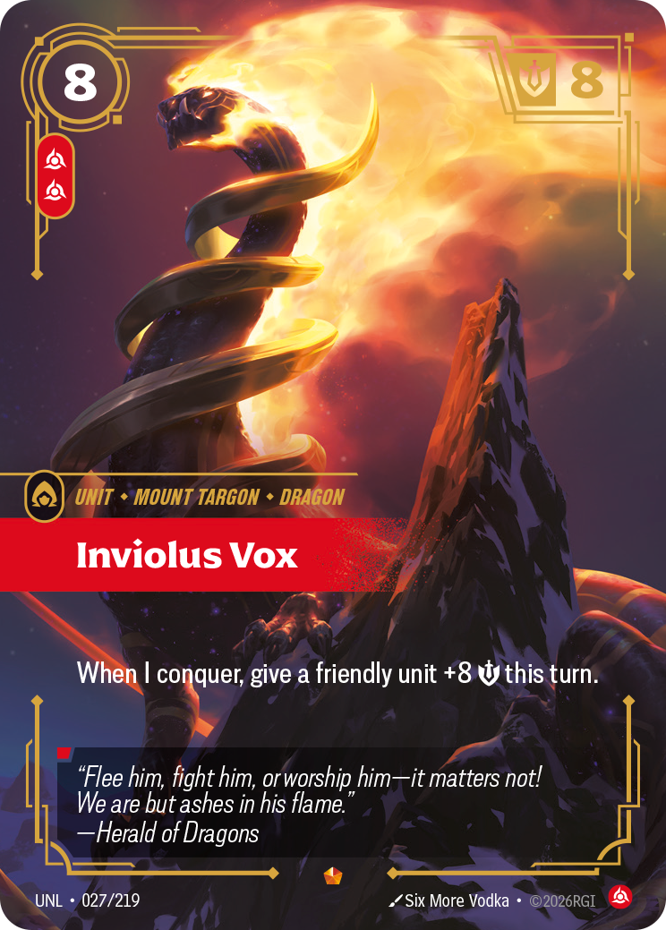 Riftbound Unit: Inviolus Vox. When I conquer, give a friendly unit +8 [S] this turn.