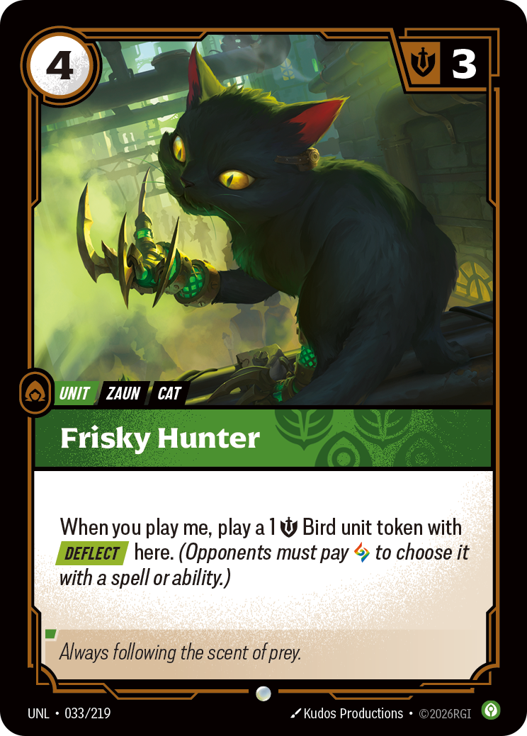 Riftbound Unit: Frisky Hunter. When you play me, play a 1 [S] Bird unit token with [Deflect] here. (Opponents must pay [A] to choose it with a spell or ability.)