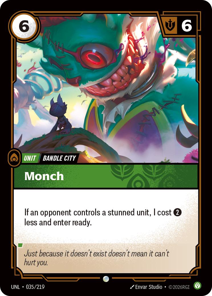 Riftbound Unit: Monch. If an opponent controls a stunned unit, I cost [2] less and enter ready.