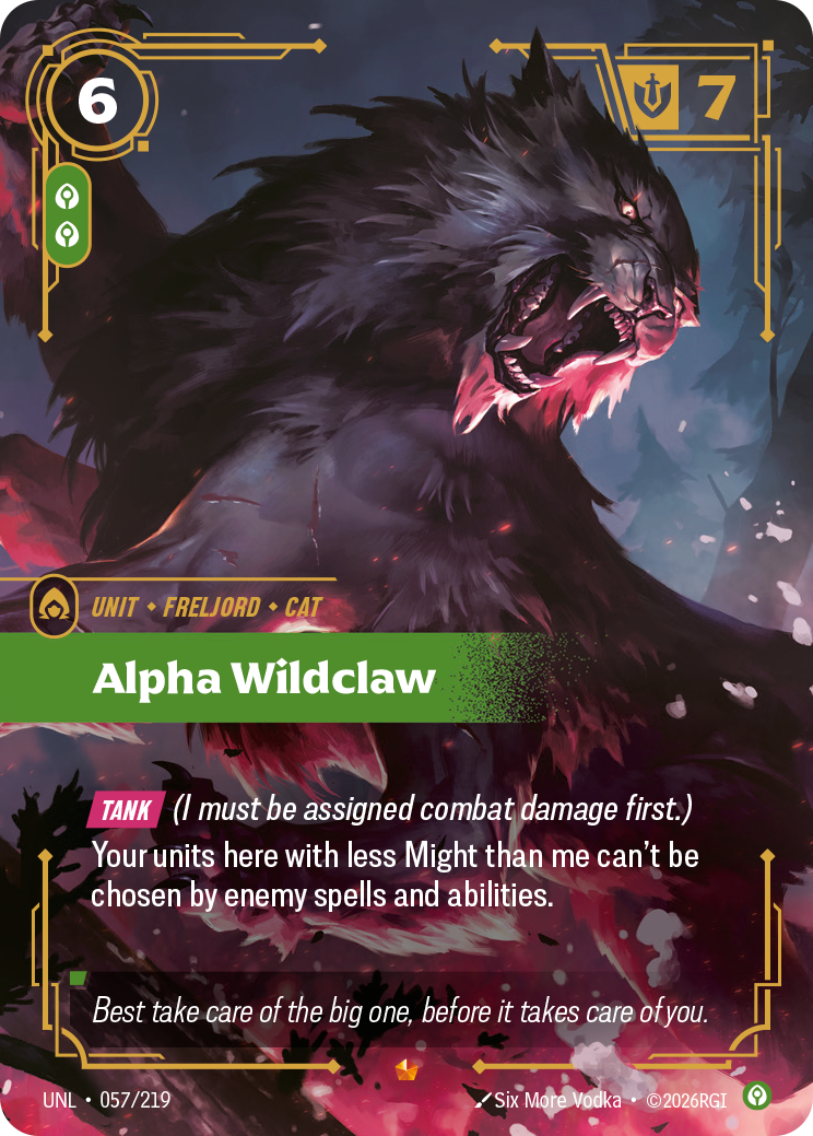 Riftbound Unit: Alpha Wildclaw. [Tank] (I must be assigned combat damage first.)
Your units here with less Might than me can't be chosen by enemy spells and abilities.