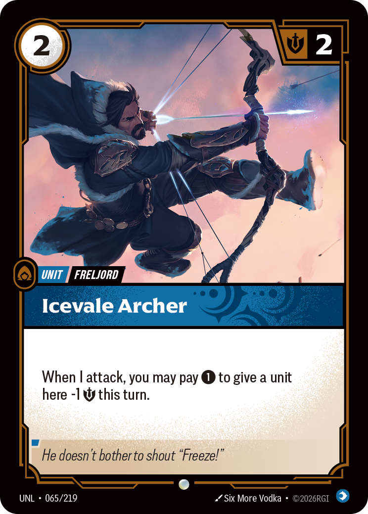 Riftbound Unit: Icevale Archer. When I attack, you may pay [1] to give a unit here -1 [S] this turn.
