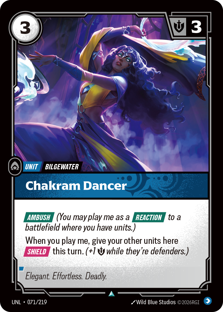 Riftbound Unit: Chakram Dancer. [Ambush] (You may play me as a [Reaction] to a battlefield where you have units.)
When you play me, give your other units here [Shield] this turn. (+1 [S] while they're defenders.)