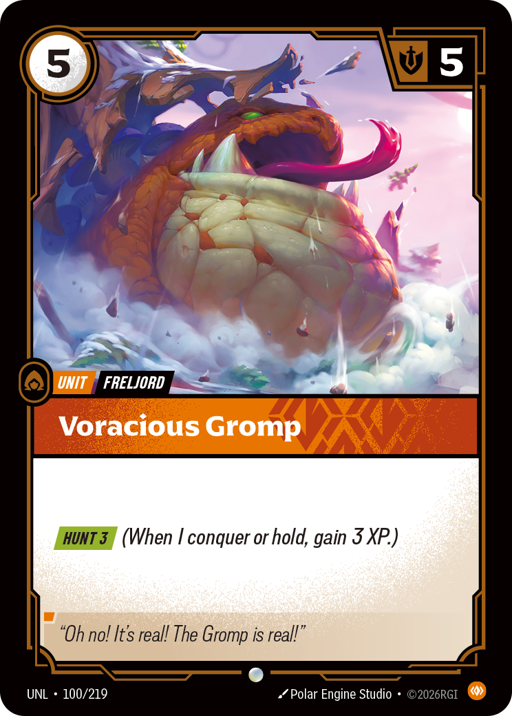 Riftbound Unit: Voracious Gromp. [Hunt 3] (When I conquer or hold, gain 3 XP.)