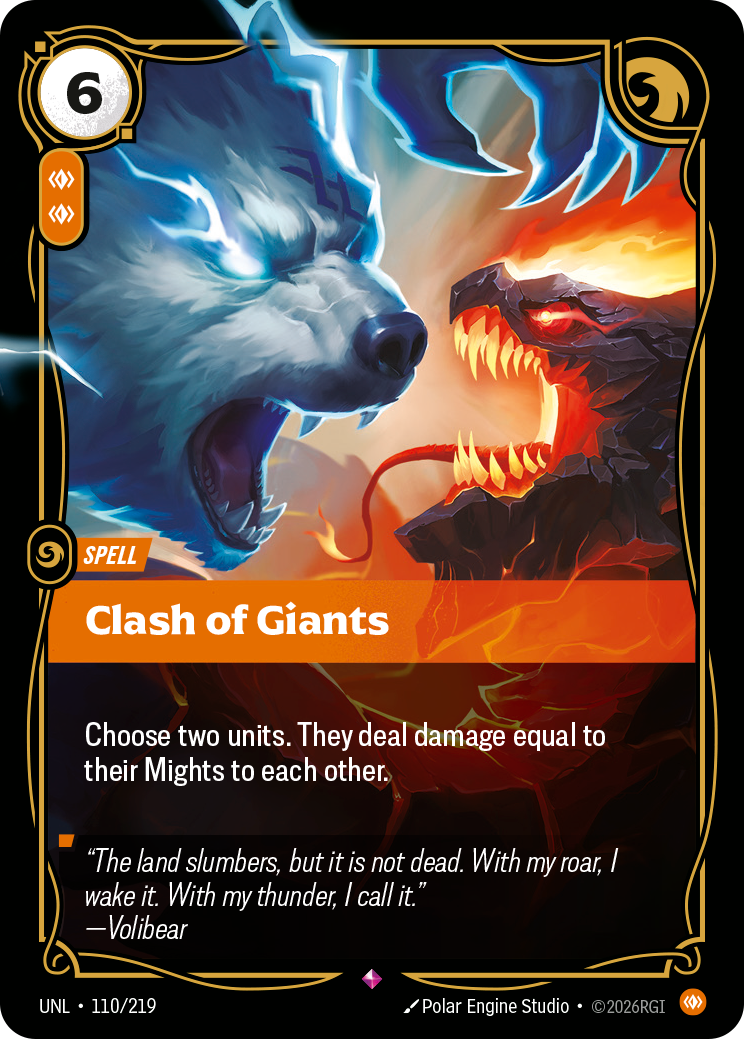 Riftbound Spell: Clash of Giants. Choose two units. They deal damage equal to their Mights to each other.