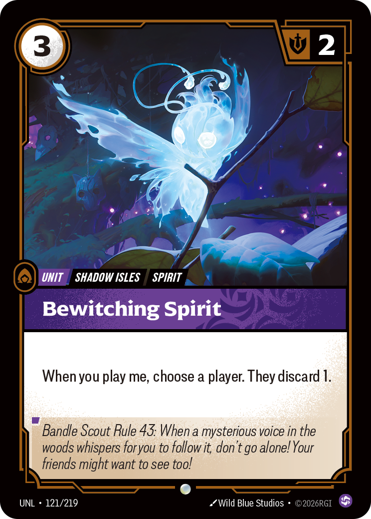 Riftbound Unit: Bewitching Spirit. When you play me, choose a player. They discard 1.