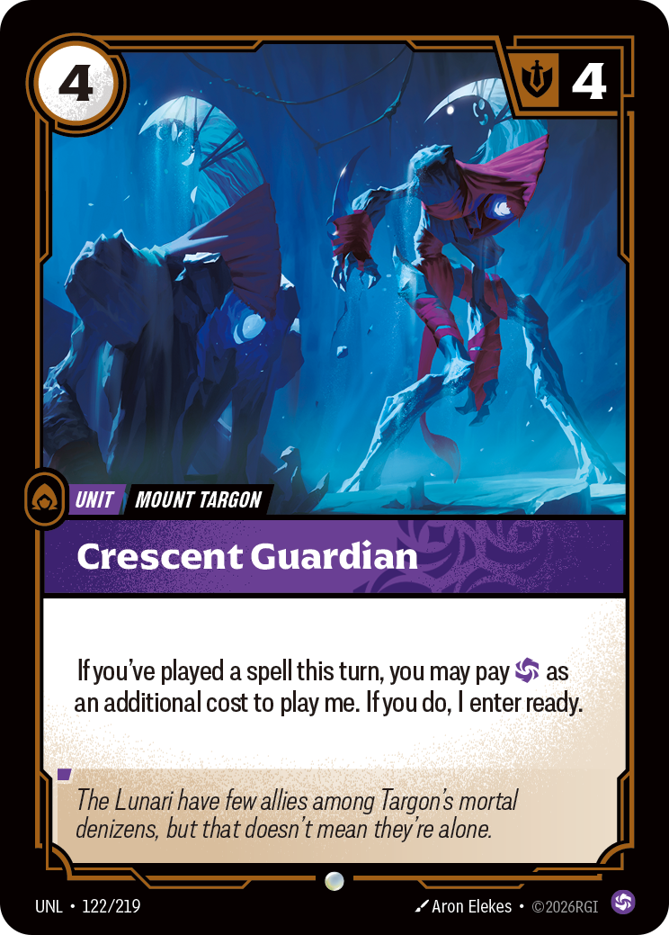 Riftbound Unit: Crescent Guardian. If you've played a spell this turn, you may pay [C] as an additional cost to play me. If you do, I enter ready.