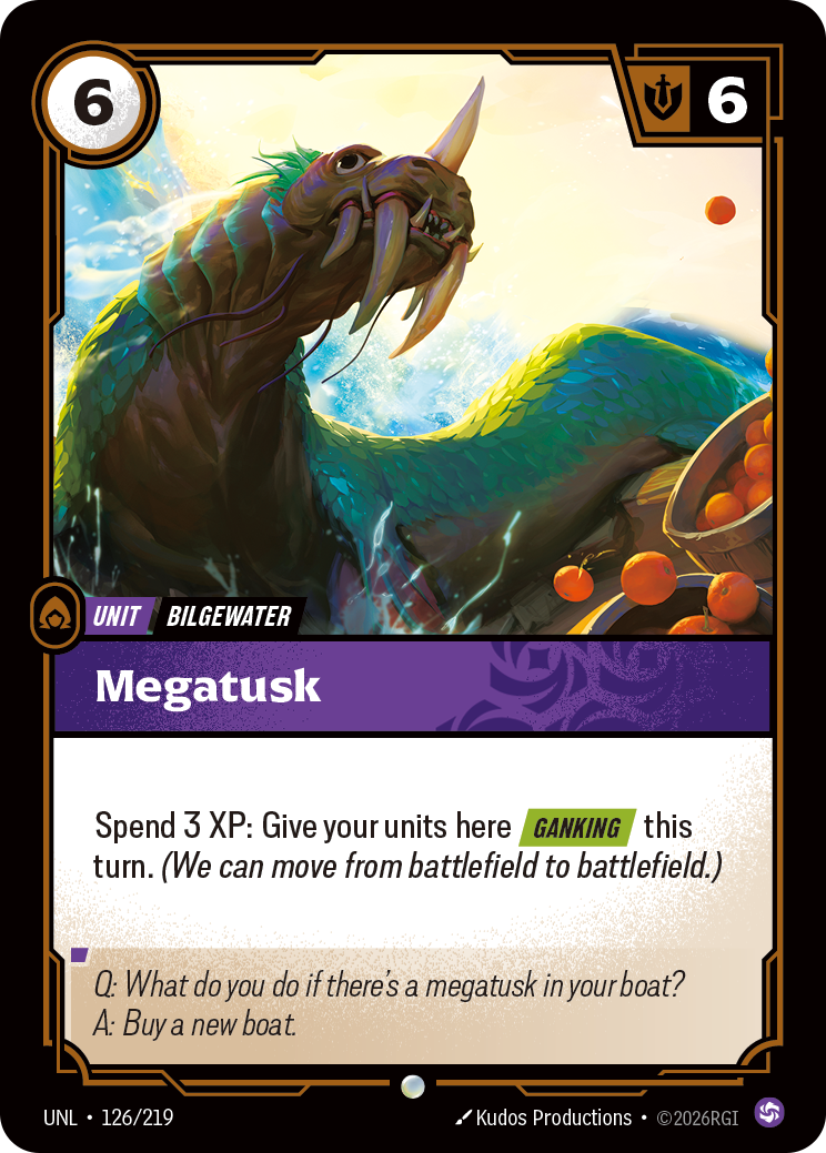 Riftbound Unit: Megatusk. Spend 3 XP: Give your units here [Ganking] this turn. (We can move from battlefield to battlefield.)
