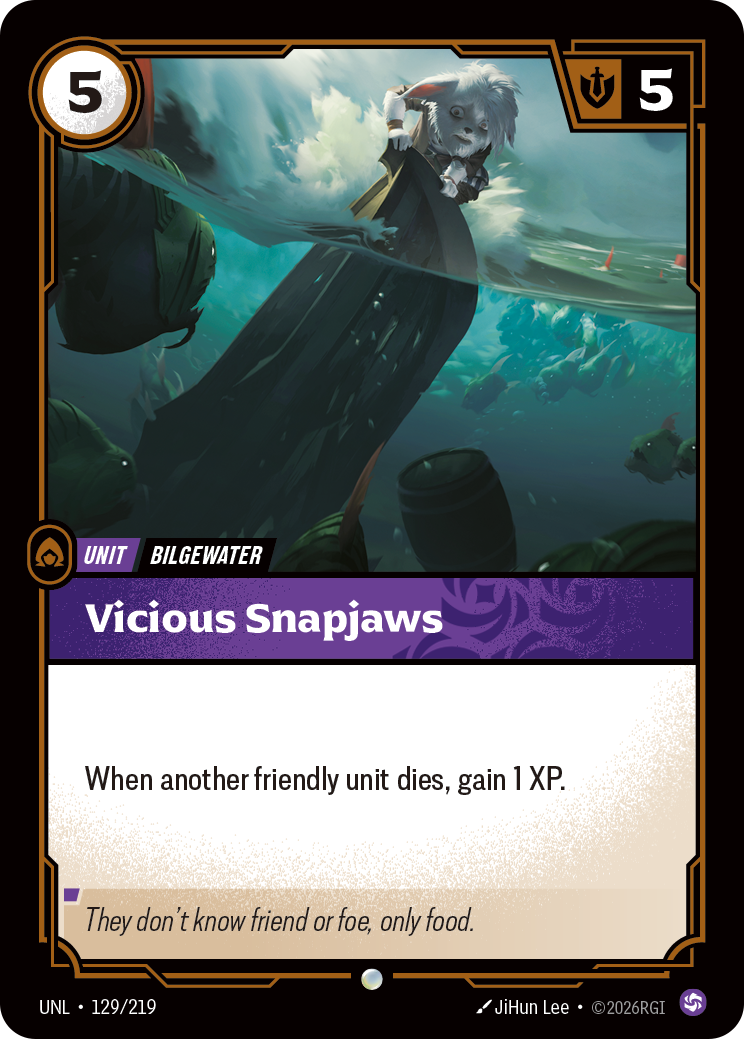 Riftbound Unit: Vicious Snapjaws. When another friendly unit dies, gain 1 XP.
