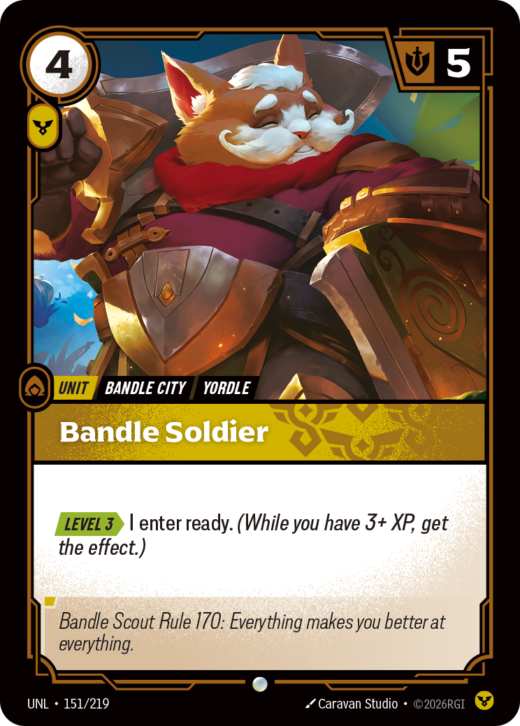Riftbound Unit: Bandle Soldier. [Level 3][>] I enter ready. (While you have 3+ XP, get the effect.)