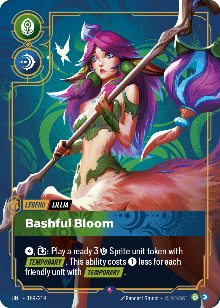 Riftbound Legend: Bashful Bloom. [4], [T]: Play a ready 3 [S] Sprite unit token with [Temporary]. This ability costs [1] less for each friendly unit with [Temporary].