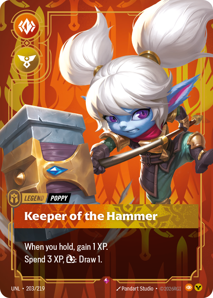 Riftbound Legend: Keeper of the Hammer. When you hold, gain 1 XP.
Spend 3 XP, [T]: Draw 1.