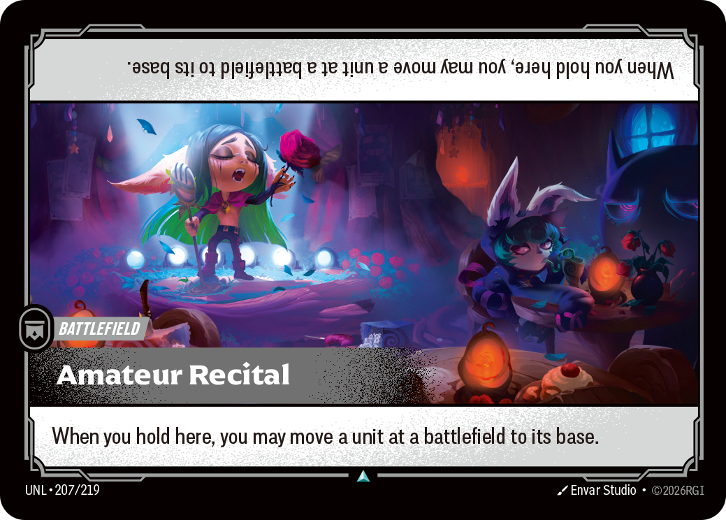 Riftbound Battlefield: Amateur Recital. When you hold here, you may move a unit at a battlefield to its base.