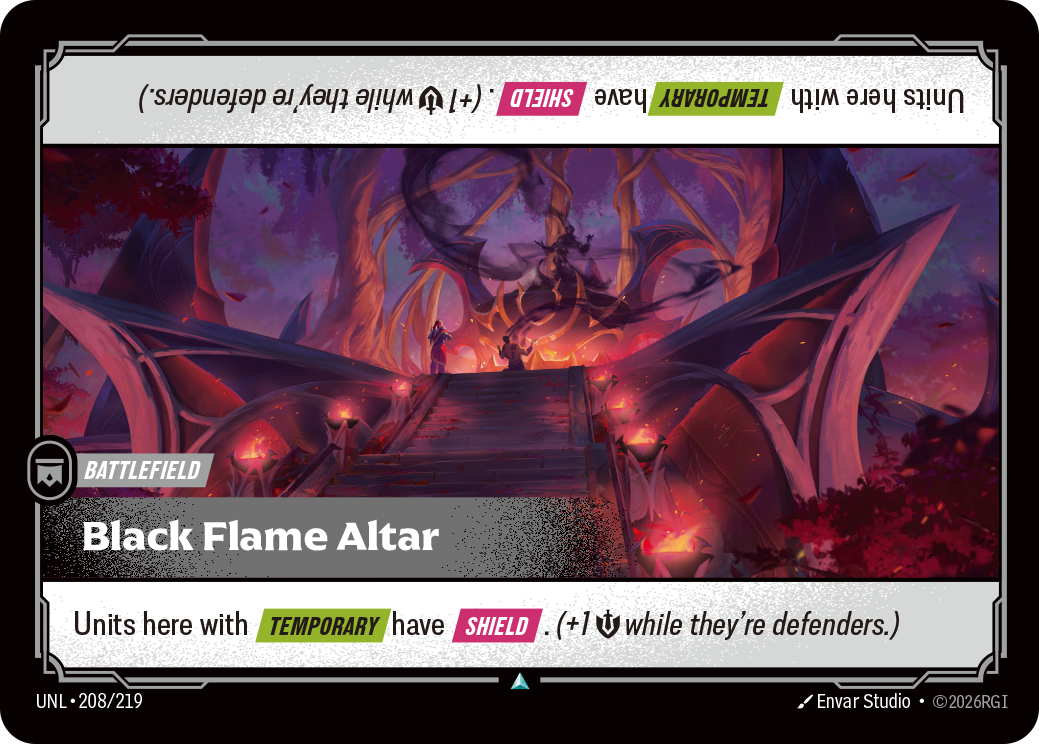 Riftbound Battlefield: Black Flame Altar. Units here with [Temporary] have [Shield]. (+1 [S] while they're defenders.)