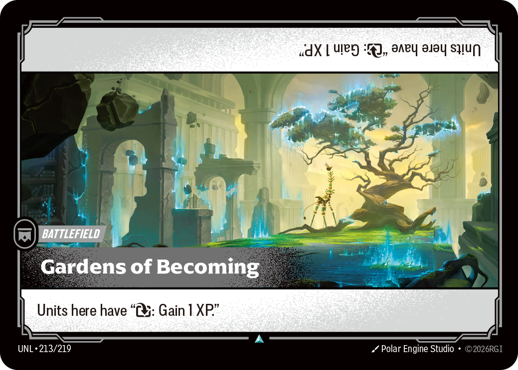 Riftbound Battlefield: Gardens of Becoming. Units here have "[T]: Gain 1 XP."