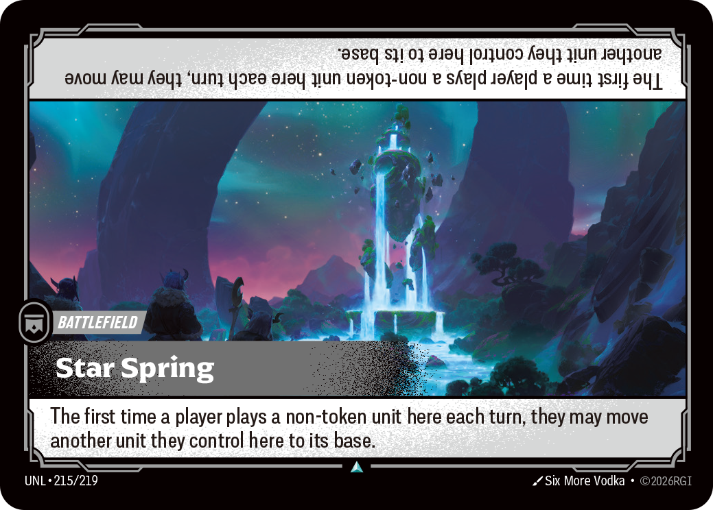 Riftbound Battlefield: Star Spring. The first time a player plays a non-token unit here each turn, they may move another unit they control here to its base.